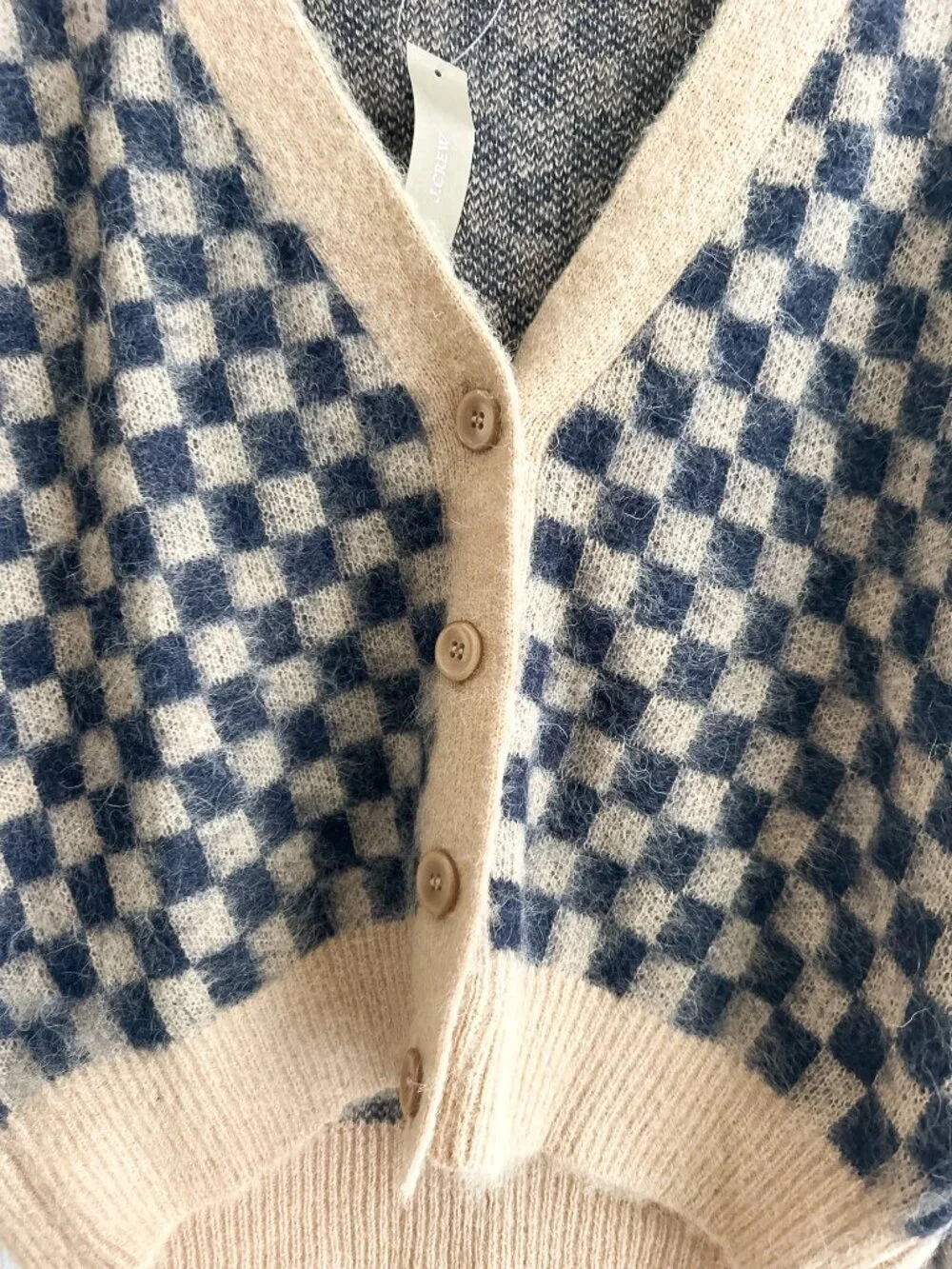 NWT J. Crew Checkered V-neck Cardigan Sweater Brushed‎ Yarn in Sandy Beach Navy